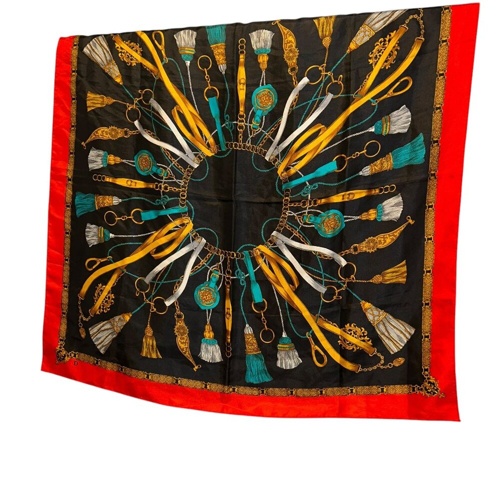 Vintage red black STUNNING tassels print scarf shawl wrap polyester